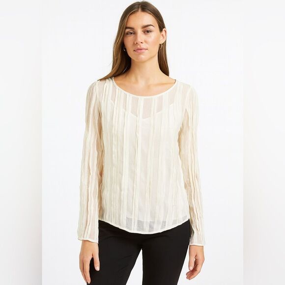 Line & Dot Ivory Ruffle Pleaded Sheer Blouse, Small - Picture 1 of 11